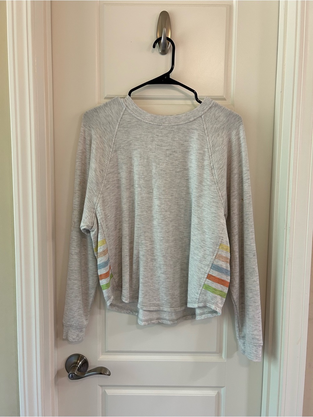 Light Gray Pullover Top with Rainbow Stripe Insets